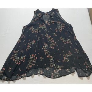 Free People Size M Black Floral Print Tank Top Keyhole‎ Sleeveless Hippie BoHo